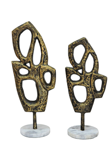 Juego de 2 Esculturas Abstractas de Aluminio Bronceado Vintage, Figuras Geométricas en Relieve sobre Base de Mármol Blanco, Decoración Moderna para Mesa - Product Image 3