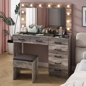 <b>Large</b> Lighted 12 LED Mirror Makeup Vanity <b>Desk</b> Set with 7 Drawers Glass Top Power Outlet-Elegant Vanity Table - Product Image 3