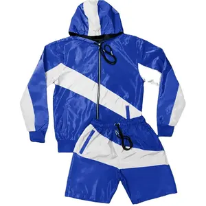 2024 Custom two piece windbreaker short jacket patchwork zip up nylon polyester streetwear tracksuit windbreaker short set