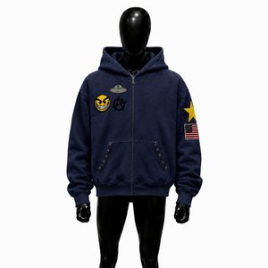 Men's <b>Navy</b> Blue Zip-Up Hoodie With Cartoon Print And American Flag Patch Regular Fit Casual <b>Sweatshirt</b> Urban Outerwear Long Sale - Product Image 1