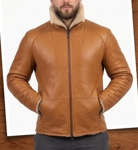 Veste bomber d'hiver pour homme en cuir d'agneau véritable, style vintage, respirante, écologique, avec doublure en fausse fourrure - Product Image 1