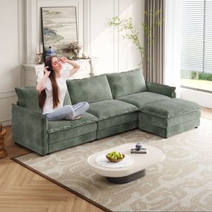 Divano a 3 Posti in Tessuto Corduroy, Comodo e Oversize con Seduta Profonda a Forma di L, Poggiapiedi Mobile, Divani per Soggiorno, Comodo Divano Cloud - Product Image 1
