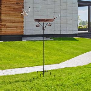 Bain d'oiseaux moderne en cuivre antique avec piédestal, mangeoire décorative pour jardin extérieur avec feuille décorative et piquet de fixation au sol - Product Image 2