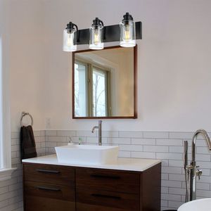 3-Licht Zwart Industrieel Muurbevestigingslamp Helder Glas Kap Ijdelheid Verlichtingsarmaturen Voor Badkamer Boven Spiegelverlichting - Product Image 3
