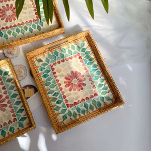 Sustainable Handmade Mother of Pearl Inlaid Rattan Food Serving <b>Tray</b>-Customizable Commercial Grade Decorative <b>Tray</b> From Vietnam - Product Image 1