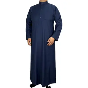 Jubba Pria Biru Dongker, Baju Gamis Lengan Panjang Berkancing Kasual Warna Polos Blok Daffah