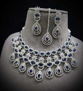 Indian <b>Women</b> Silver Plated Anti-Tarnish Necklace <b>Set</b> Matching Earring Maang Tika AD Jewellery Wedding Party Engagement <b>Gift</b> - Product Image 2