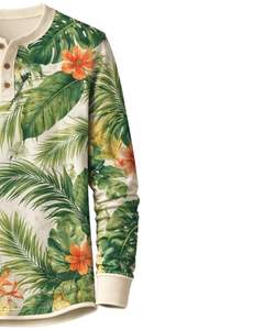 <b>Mens</b> Tropical Print Henley <b>Shirt</b> <b>White</b> And Green Floral Long Sleeve Button Placket Casual Summer Beach Style Fashion Top - Product Image 4