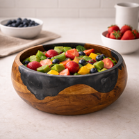 Bol à salade décoratif rond en bois d'acacia fait main avec résine époxy gris brun naturel, idéal pour les fêtes, les festivals et la décoration intérieure