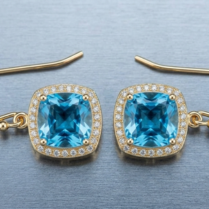 Boucles d'oreilles en topaze bleue taille coussin CZ 10MM en argent sterling 925 plaqué or 18 carats, bijoux classiques pour tous les jours - Product Image 4