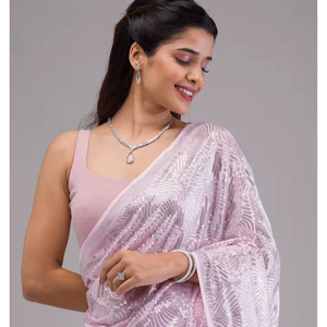 Sari traditionnel KV pour femme en georgette de rayonne à sequins, avec chemisier non cousu réversible à séchage rapide pour occasions festives - Product Image 1