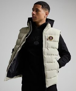 Men's Beige <b>Puffer</b> <b>Vest</b> With Badge Zipper Front Windproof Winter Casual <b>Jacket</b> Thick Polyester Wadding Stand Collar - Product Image 1
