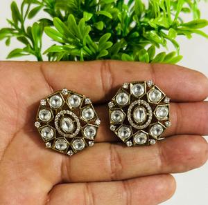 Luxury White Polki Round Stud Earrings Gold Plated Traditional Indian Bridal Wedding Party Fashion Jewelry for Women - Product Image 5