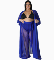 Plus Size Sheer Mesh 3-delige badpakset Halter Bikini Lange Mouwen Open Voorkant Maxi Sarong Wijde Pijpen Broek Dames Badkleding