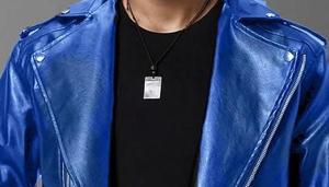 Veste moto en cuir PU bleu pour homme, coupe ajustée, fermeture éclair, col rabattu, couleur unie, vêtement d'automne - Product Image 2