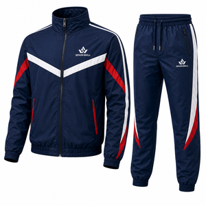 Custom Unisex Navy Red White Color Block Tracksuit Full <b>Zip</b> <b>Hooded</b> Jacket and Pants Set Polyester Regular Fit Adult Autumn Sport - Product Image 1