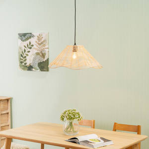 Abat-jour en rotin en forme de dôme, tissage croisé, franges au bas, abat-jour suspendu artisanal, couverture de lampe suspendue au plafond, style Japandi Boho - Product Image 2