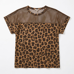 Chemisier chic et tendance pour femme, coupe ample, à manches courtes et col rond, avec empiècements en maille et imprimé léopard, vêtements en gros OEM - Product Image 3