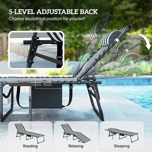 Blue White <b>Folding</b> <b>Outdoor</b> Chaise Lounge Chair with 5-Level Adjustable Back Side <b>Table</b> and Pillow Pocket for Poolside Tanning - Product Image 4