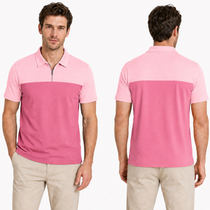 Camisas Polo Premium para Hombre en Bloques de Color Rosa Oscuro y Rosa Claro, Cuello Redondo con Cierre de Cremallera, Manga Corta, Corte Ajustado, Transpirables - Product Image 4
