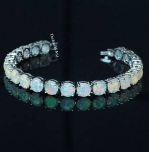 Bracelet en opale naturelle - Bracelet tennis en opale - Bracelet pour femme - Bracelet en argent 925 - Bracelet avec pierres d'opale - Bracelet avec cabochon rond - Bijoux - Product Image 1