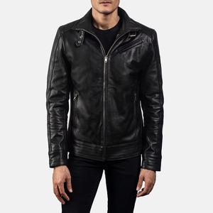 Men's Genuine Leather Moto <b>Jacket</b> <b>Slim</b> <b>Fit</b> Black Zipper Closure Stand Collar Regular Length Autumn Style - Product Image 3