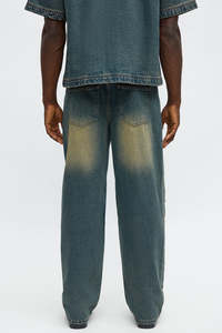 Men’s Wide-Leg Distressed Denim Jeans Faded Blue to Yellow Gradient Wash with Metal Patch Pocket Streetwear Style - Product Image 2