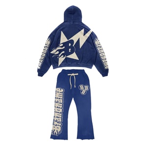 Ensemble de sweat-shirt unisexe épais délavé à l'acide, pantalon de survêtement court brodé, imprimé d'hiver de grande taille - Product Image 2