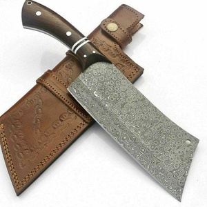 Couteau à viande artisanal en acier Damas, lame pleine longueur, hachoir de boucher avec manche en bois et étui en cuir OEM ODM - Product Image 5