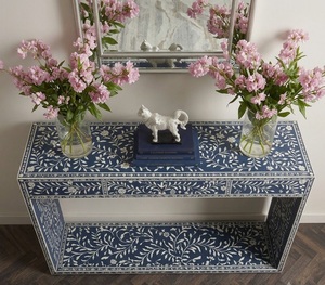 Mesa Consola Decorativa con Incrustaciones Florales Azules, Mesa de Entrada, Mesa de Sofá, Mueble de Madera Sólida para Sala de Estar - Product Image 3
