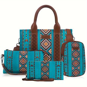 4 pezzi borsa leggera da lavoro retrò con borsa Boho Chic verde per donna - Product Image 1