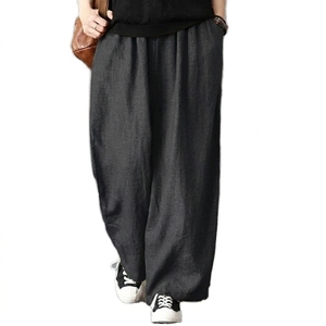Pantalon large en coton et lin pour homme, taille haute, coupe ample, respirant, pour l'été, avec cordon de serrage, couleur unie, décontracté - Product Image 2
