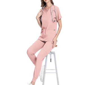 Conjunto de Uniforme Médico Rosa para Mujer, Pantalones de Algodón y Poliéster, Cuello en V, Manga Corta - Product Image 3
