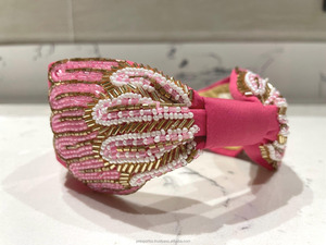 Serre-tête lumineux rose brodé de perles, perles de verre dorées, rembourré, fait main, pour bébés filles et enfants, accessoires de cheveux de fête en gros - Product Image 2