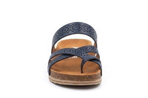 Sandales plates en cuir véritable bleu marine, à bout ouvert, faciles à enfiler, respirantes, avec semelle en liège, chaussures confortables pour l'été - Product Image 2