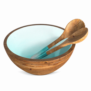 Juego de vajilla de cocina y bandeja de servicio de madera de mango esmaltada, tallada a mano, con estampado ecológico Aqua Ombre para el hogar y la cocina. - Product Image 3