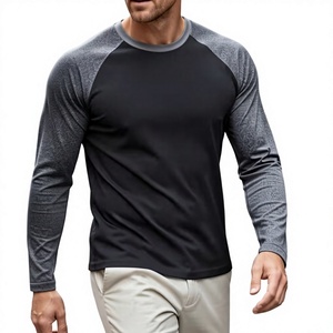Men's Long Sleeve Raglan T-Shirt 100% Cotton Black Gray Knitted O-Neck Regular Fit Quick Dry Solid Casual Wear 180g Front Logo - Product Image 1