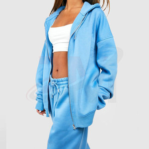 Women Blue <b>Tracksuit</b> Hooded Zipper Full Sleeve Sweatshirt Jogger Pants Solid Color Casual Loose Fit Spring Wear - Product Image 5