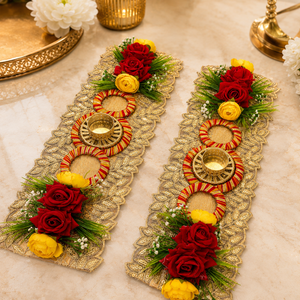 Pink Lotus Floral Diya Decoration Pair Handmade Gold Patti Pearl Wedding <b>Mandir</b> Pooja Festival Home Decor Gift Item - Product Image 2