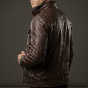Men's Genuine Leather Jacket Brown Stand Collar Moto Style Zipper Closure Regular Fit Autumn Wear Winter Leather <b>Coat</b> - Product Image 2