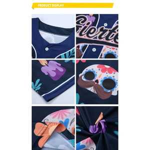Fierter Baseball Jersey Short Sleeve Full Print Floral Sugar <b>Skull</b> Design Button Front Unisex Adult Breathable Polyester Apparel - Product Image 4