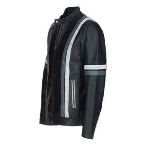 <b>Men's</b> Genuine <b>Leather</b> Motorcycle <b>Jacket</b> Stand Collar Zipper Closure Windproof Black Moto Biker Style Western Racing <b>Jacket</b> - Product Image 3