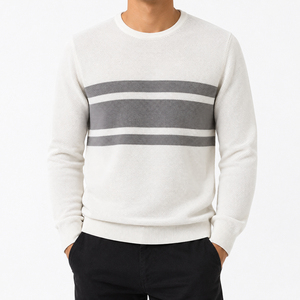 <b>Men's</b> White Knitted Crew Neck Pullover <b>Grey</b> Striped Long Sleeve Casual <b>Sweatshirt</b> - Product Image 1