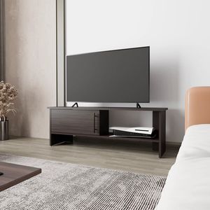 Walnut-Colored Entertainment Center with Door and <b>Open</b> <b>Storage</b> Stained TV Stand - Product Image 1