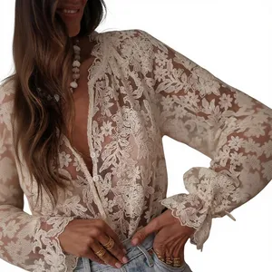 Vintage-Inspired Modern Bohemian Romanticism Embroidered <b>Tulle</b> Mesh Lace V-Neck Button-Down Blouse Regular Sleeves Eco-Friendly - Product Image 4