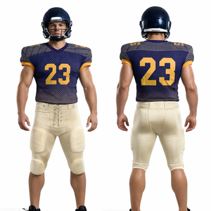 ชุดยูนิฟอร์มอเมริกันฟุตบอลแบบกำหนดเอง สีกรมท่า-ทอง ชุดเสื้อเจอร์ซีย์แบบซับลิเมชั่น พร้อมชื่อทีมและหมายเลขส่วนตัว สไตล์วินเทจ รักบี้ - Product Image 1