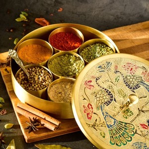 Brass Masala Storage <b>Box</b> Traditional Indian Spice Dabba with Spoon Handmade Kitchen Organizer Wedding Return Gift Bulk Supply - Product Image 1