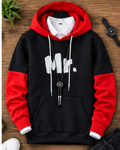เสื้อฮู้ดพิมพ์ลาย Mr. Letter แบบสวมใส่ได้ทั้งชายและหญิง สีดำแดง ตัดต่อสี  ถักทอแบบสวมหัว ทรงปกติ เหมาะสำหรับใส่ในฤดูหนาว ผลิตจากผ้าฝ้าย 100% - Product Image 2