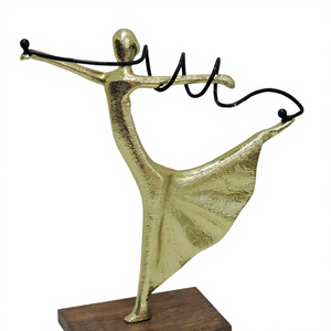Estatua Moderna de Bailarina Abstracta con Cintas Doradas en Aluminio - Escultura Contemporánea de Gimnasta en Metal sobre Elegante Base de Madera para Decoración del Hogar - Product Image 1