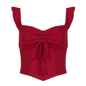 เสื้อครอปแขนกุดผ้ากำมะหยี่สีแดงพร้อมดีเทลระบายที่ไหล่และผูกด้านหน้า - Product Image 3